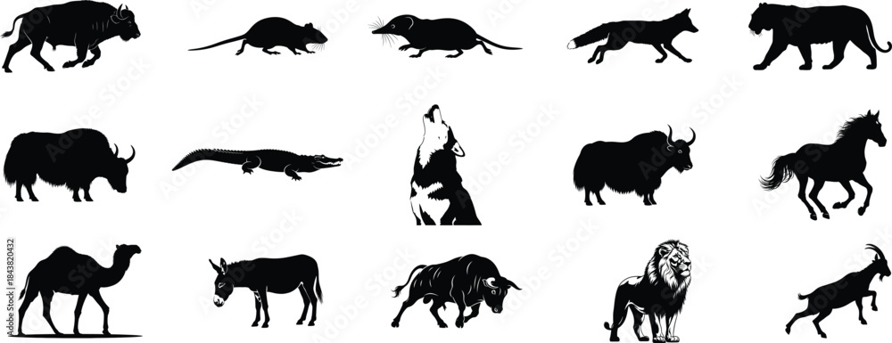 Naklejka premium Collection of black silhouettes of various wild and domesticated animals