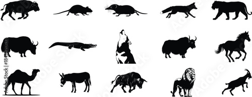 Collection of black silhouettes of various wild and domesticated animals