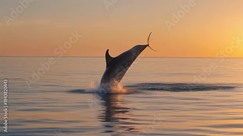 A graceful dolphin jumping out of the Pacific Ocean waves at sunset showcases the beauty of marine wildlife and nature in the sea