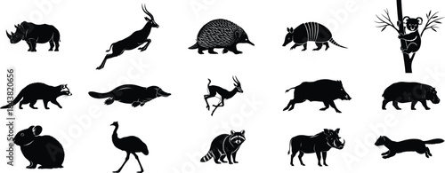 Collection of black silhouettes of various wild animals