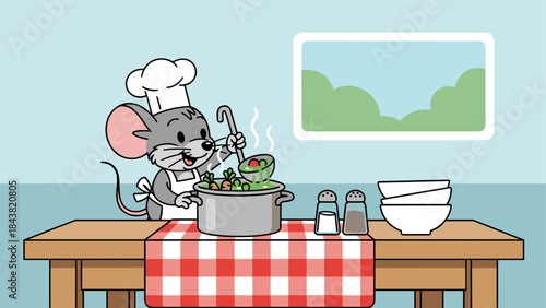 Cartoon chef mouse cooking soup in a kitchen