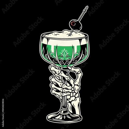 Skeleton hand holding a glowing green cocktail with cherry garnish, macabre drink illustration