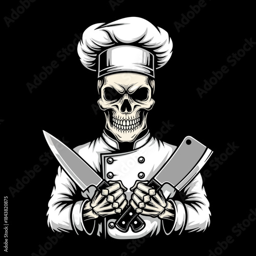 Menacing skull chef in traditional whites holding two large kitchen knives, dark and edgy culinary illustration