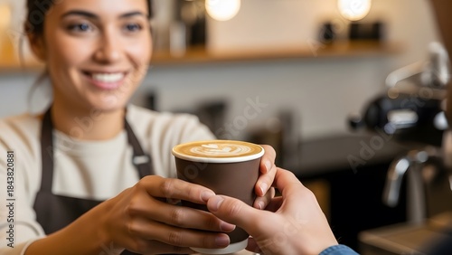 Barista is serving a cup of coffee to customer in cafe 