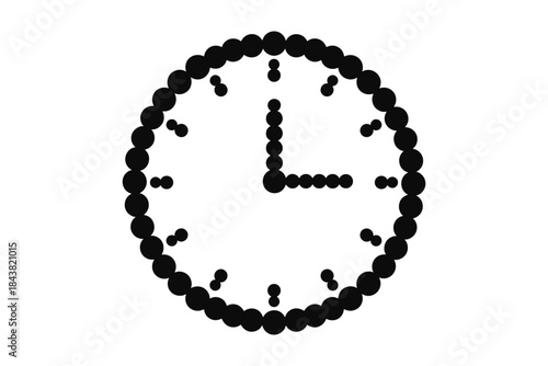 Minimalist dot style clock with circles as numbers and hands on white background