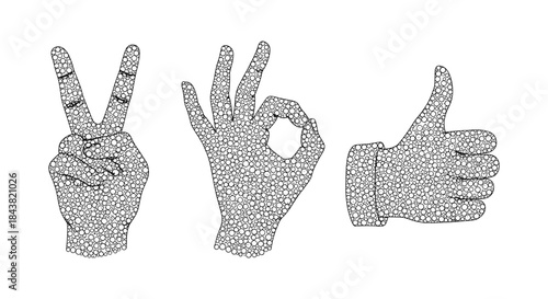 Hand gestures in dotted pattern: peace, ok, thumbs up