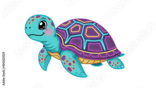 Cute Colorful Turquoise and Purple Sea Turtle Cartoon Illustration isolated PNG with Transparent Background