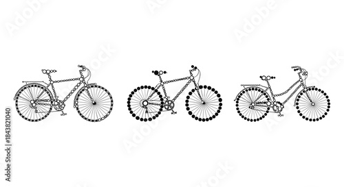 Intricate bicycles composed of geometric circle designs on white background