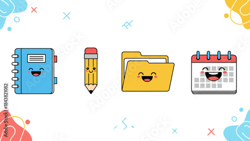 Cute cartoon style stationery icons with smiling faces on white background