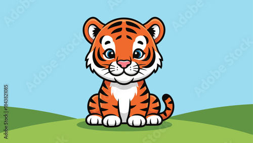 Cute baby tiger on grass in cartoon style with blue sky background