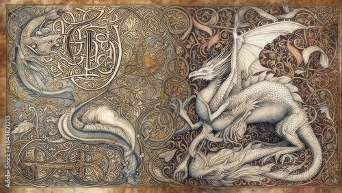 Fantasy dragons intertwined with ornate, decorative flourishes