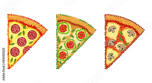 Colorful mosaic pizza slices with toppings of pepperoni, vegetables, and mushrooms