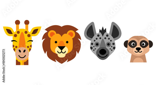 Cartoon animal heads: cheerful safari creatures in flat design
