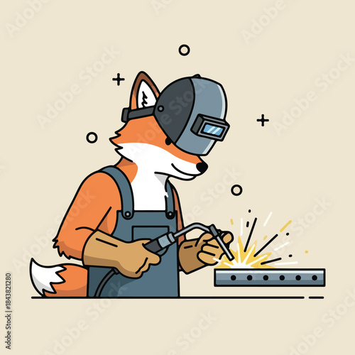 Cute cartoon fox character wearing welding mask and protective gear, performing welding work on a metal piece, sparks flying, illustration of industrial labor and skilled trade
