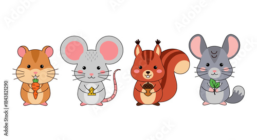Cute cartoon animals with food: hamster, mouse, squirrel, and chinchilla