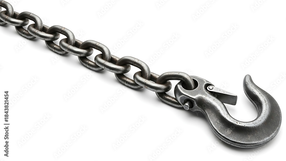 Obraz premium A close-up view of a metal chain with a hook on a white background