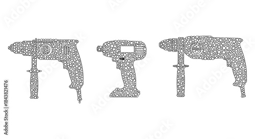 Intricate dot pattern art of power tools: drill, driver, hammer