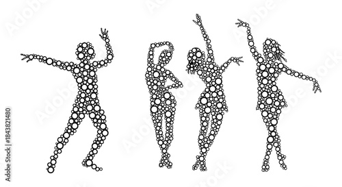 Silhouette dancers composed of circular patterns in motion