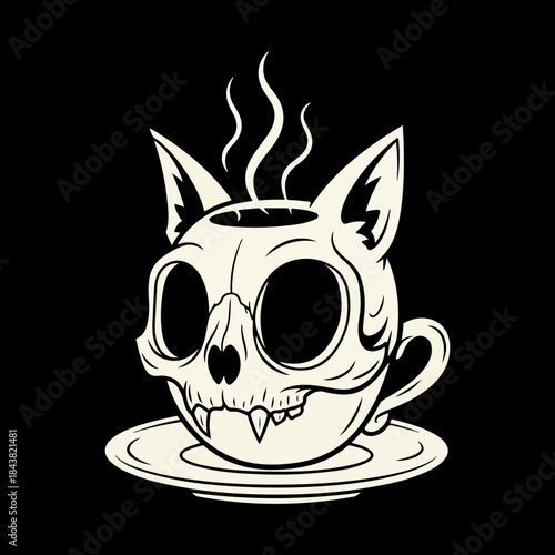 Creepy cute cat skull coffee cup illustration design for goth cafe or dark art lovers