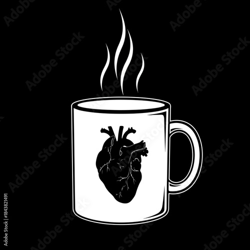 Black and white illustration of a steaming hot coffee mug featuring a realistic anatomical human heart design on the side, perfect for coffee lovers, medical professionals, or dark aesthetic themes