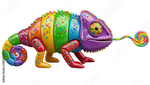 Isolated 3D Render of a Candy Rainbow Chameleon with Sprinkles and Lollipop isolated PNG with Transparent Background