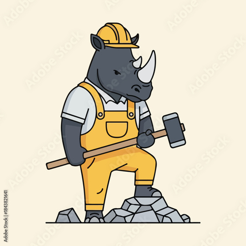 Cartoon construction worker rhinoceros character wearing a yellow hard hat and overalls, standing on rocks and holding a large sledgehammer, mascot design