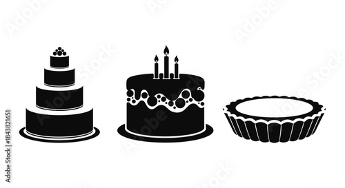 Silhouette cake icons: three-tier, birthday, and tart designs for bakery themes