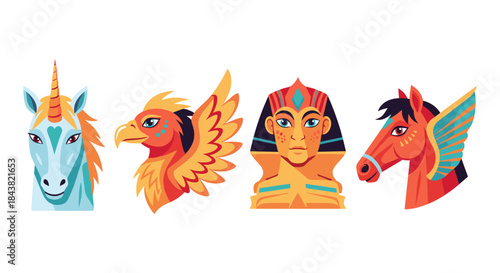 Mythical and egyptian icons: unicorn, phoenix, pharaoh, pegasus
