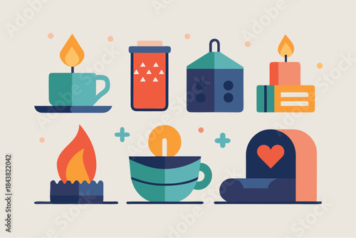 Flat style icons of candles, lanterns, tea mugs, and flames in cozy and colorful hygge-inspired design