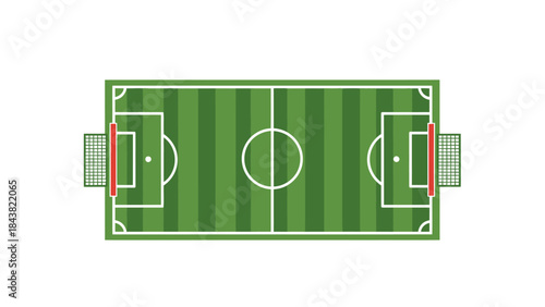 A clean vector illustration of a green soccer field with a football, showing a sports stadium pitch ready for play and competition