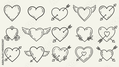 Collection of Hand-drawn Heart Symbols: A selection of hand-drawn heart symbols, each representing different facets of love and affection. These charming designs evoke the sentiment of romance.