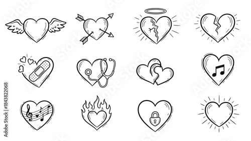 Heart Symbols of Affection: A set of 12 heart-shaped illustrations. Hearts embody different symbolisms such as love, loss, healing, and music