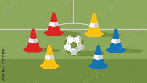 Soccer Drill: A soccer ball rests centrally within a colorful arrangement of training cones on a meticulously manicured field, inviting players to improve their skills and refine strategy.