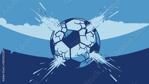 Shattered Football: A stylized depiction of a football exploding into fragments, captured mid-air, symbolizing dynamism and power.