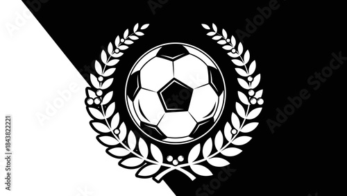 Soccer Emblem: A monochromatic emblem featuring a soccer ball encircled by a laurel wreath, symbolizing victory, strength, and the spirit of competition. This image is a celebration of the sport