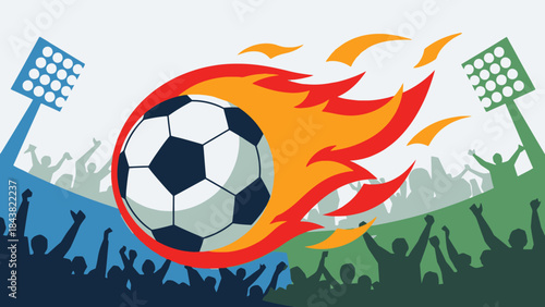 Fiery Football Action: Capturing the energy and excitement of a soccer game, a flaming soccer ball streaks across the sky, electrifying the stadium and the cheering crowd.