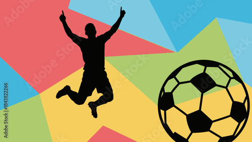 Triumphant Moment: An illustration captures the elation of a player celebrating, alongside a soccer ball, set against a backdrop of vibrant colors.