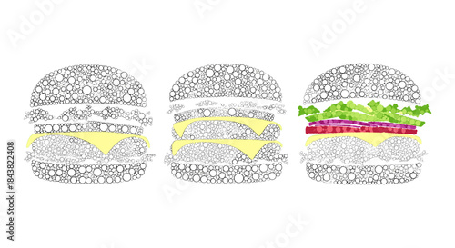 Bubble art burger trio: minimalist culinary creativity with cheese and lettuce layers