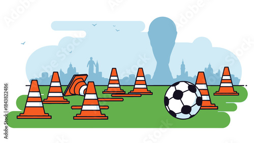 Soccer Training Session: An illustration depicting a soccer ball amidst training cones, set against the backdrop of a vibrant cityscape, ready for practice or training.