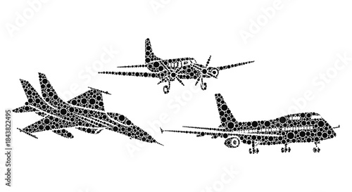 Circular pattern aircraft silhouettes: fighter jet, propeller plane, and commercial airliner
