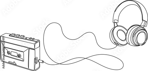 continuous line drawing of portable cassette player with stereo headphones, line art vector illustration