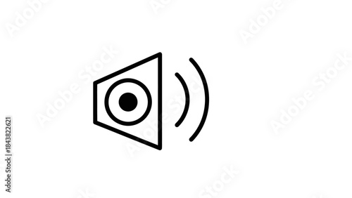 A minimalist black and white line drawing of a speaker icon emitting sound waves.