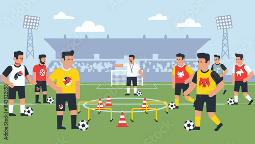 Soccer players and coach training on a green field with stadium in background.