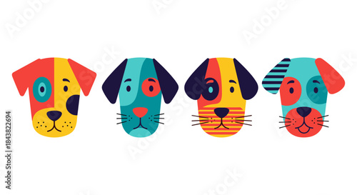 Colorful geometric dog faces in a playful modern design