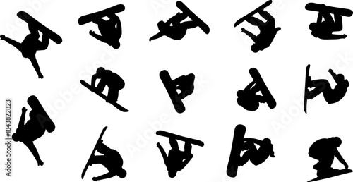 Dynamic Snowboarding Action Silhouettes in Black and White