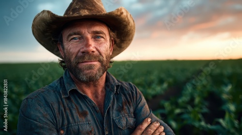 A rugged farmer stands confidently in a vast field during sunset, embodying resilience and dedication to agriculture while showcasing the beauty of rural life.