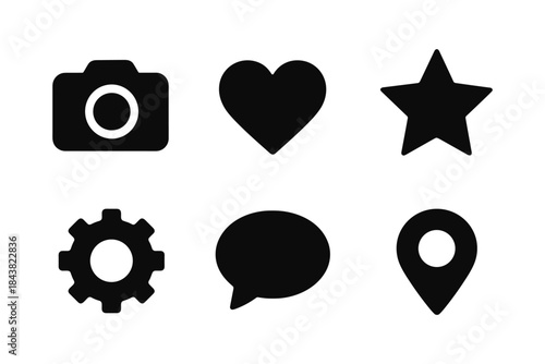 Basic black icons set: camera, heart, star, gear, speech bubble, map pin