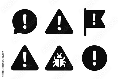 Black warning icons set: exclamation marks and symbols for alerts and notifications