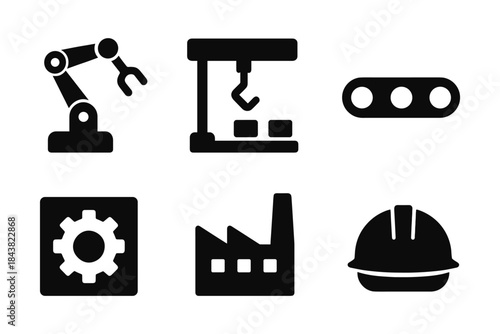Industrial icons: factory automation and engineering symbols in silhouette style