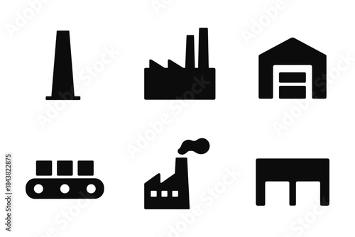 Industrial icon set: factories, warehouses, and conveyor belts in simple silhouette style